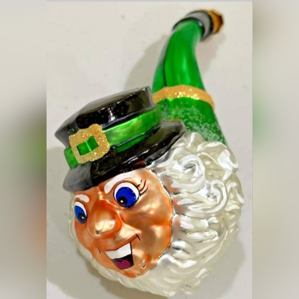 Chriatopher RADKO St Paddys Pipe, Leprechaun St. Patricks Day Glass Ornament, 7"